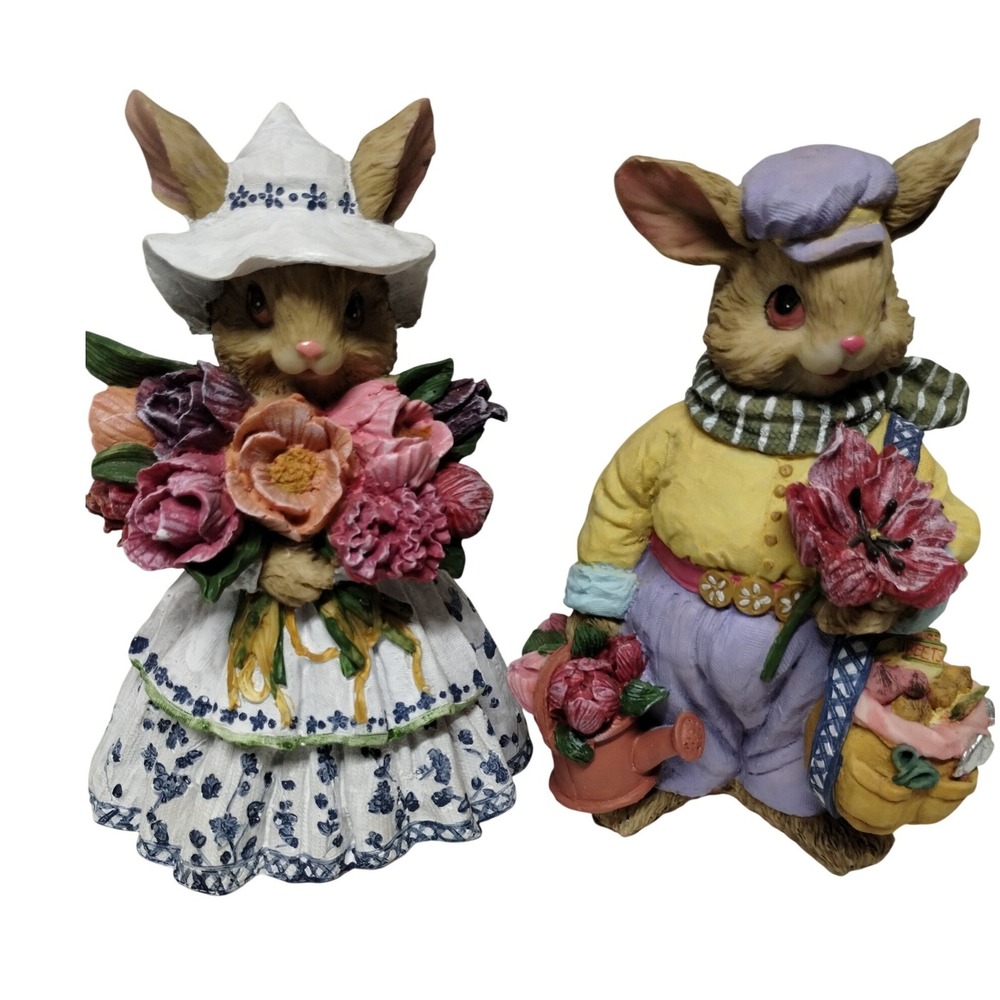 Vintage Style Resin Easter Bunny Figurine Set Spring Rabbit Couple Decor 2pc